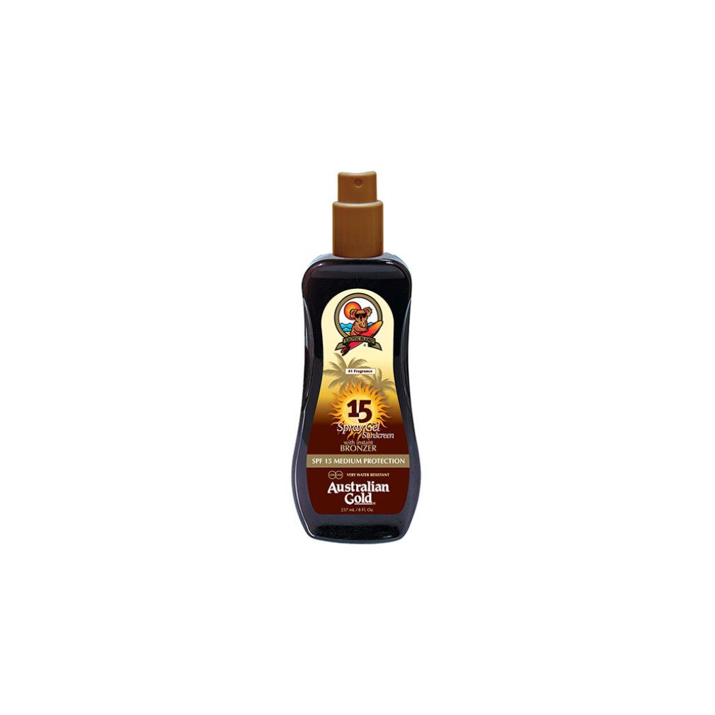 Flacone marrone con erogatore marrone. Scritte: Australian Gold, SPF 15. Crema solare.