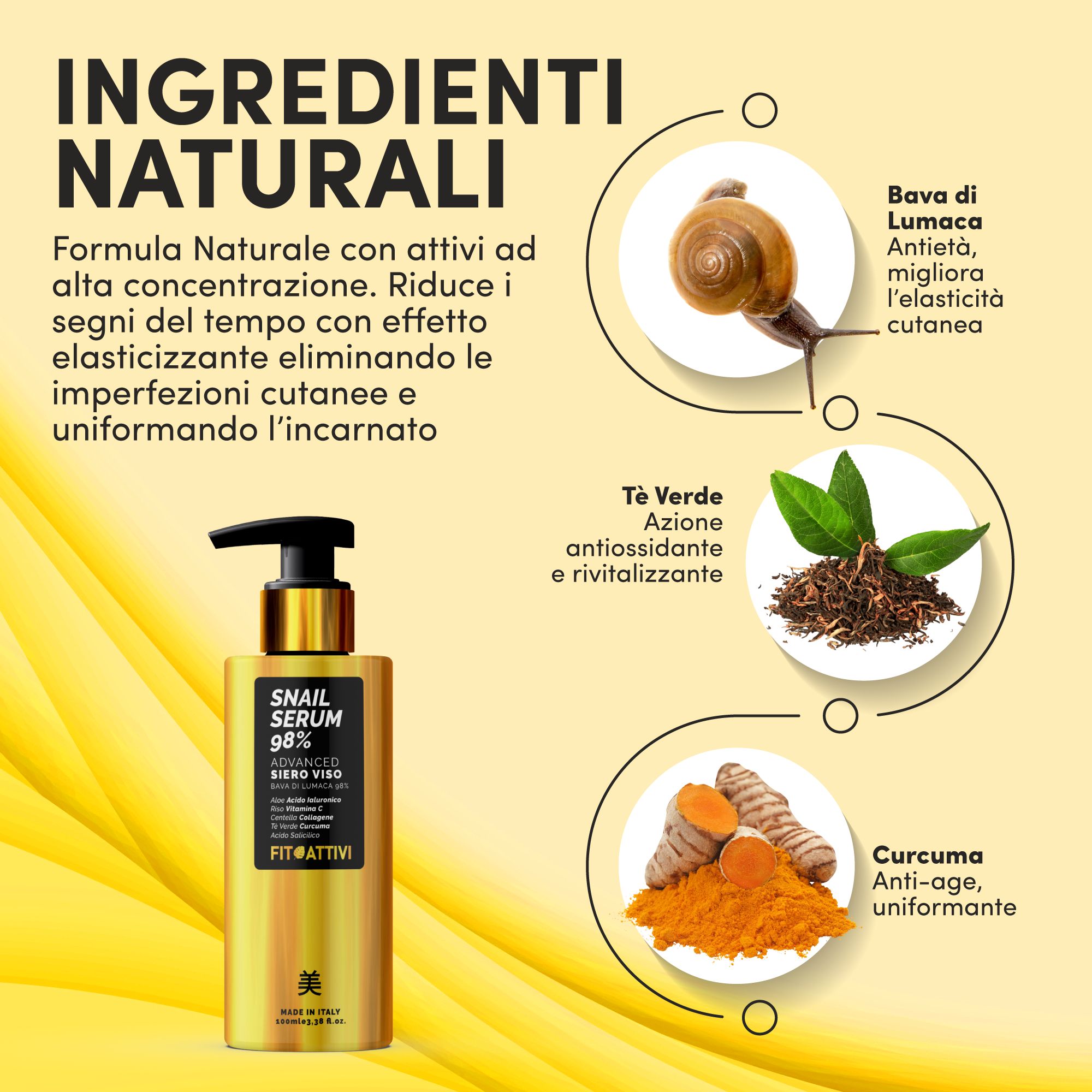 Fitoattivi Siero Viso alla bava di lumaca 98%. Flacone con dosatore. Ingredienti: bava di lumaca, tè verde, curcuma. Testo: Snail Serum 98%. Ingredienti naturali.
