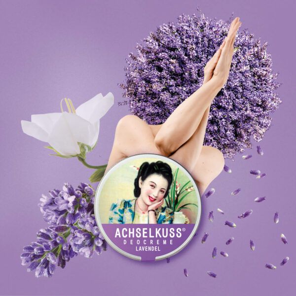 ACHSELKUSS Deocreme Lavendel: Barattolo circondato da fiori di lavanda, foglie e una donna stilizzata.