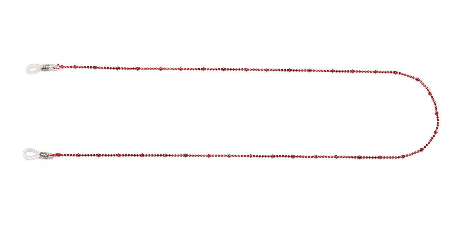 Catena per occhiali rossa con piccole perle. La catena è a forma di U e ha anelli alle estremità per il fissaggio agli occhiali.