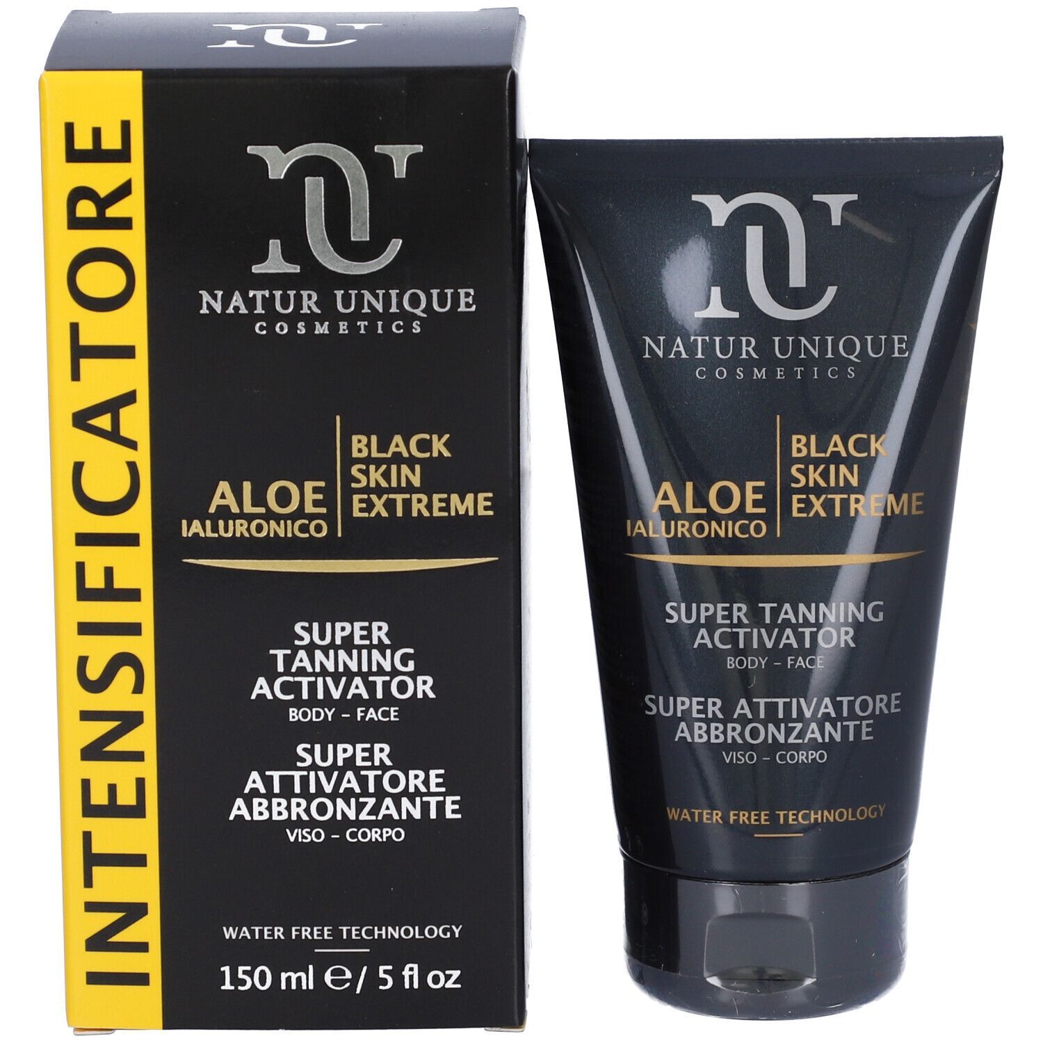 Scatola e tubo neri. Natur Unique Cosmetics, Black Skin Extreme, Aloe Ialuronico. Super Tanning Activator, corpo e viso.