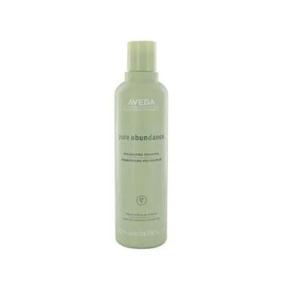Flacone di shampoo verde. Scritta: Aveda, Pure Abundance, Volumizing Shampoo. 250 ml.