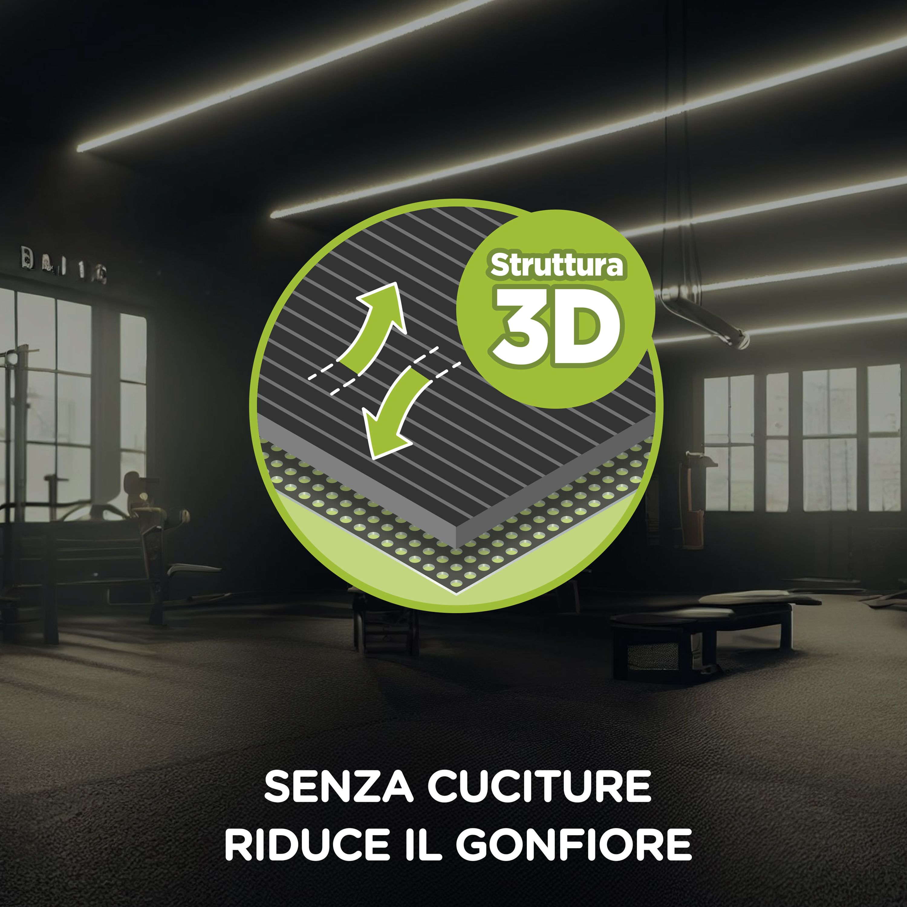 Rappresentazione grafica della struttura 3D di una cavigliera. Testo: 'SENZA CUCITURE RIDUCE IL GONFIORE'.