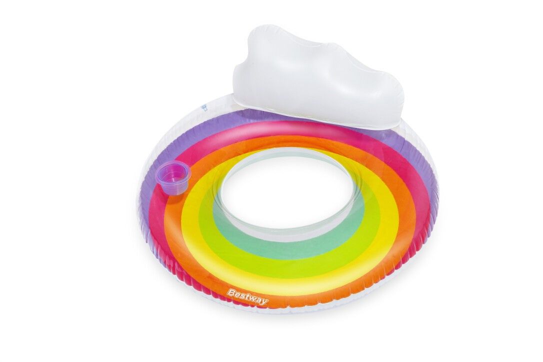 Galleggiante gonfiabile arcobaleno con nuvola bianca e portabicchieri. Marchio Bestway.