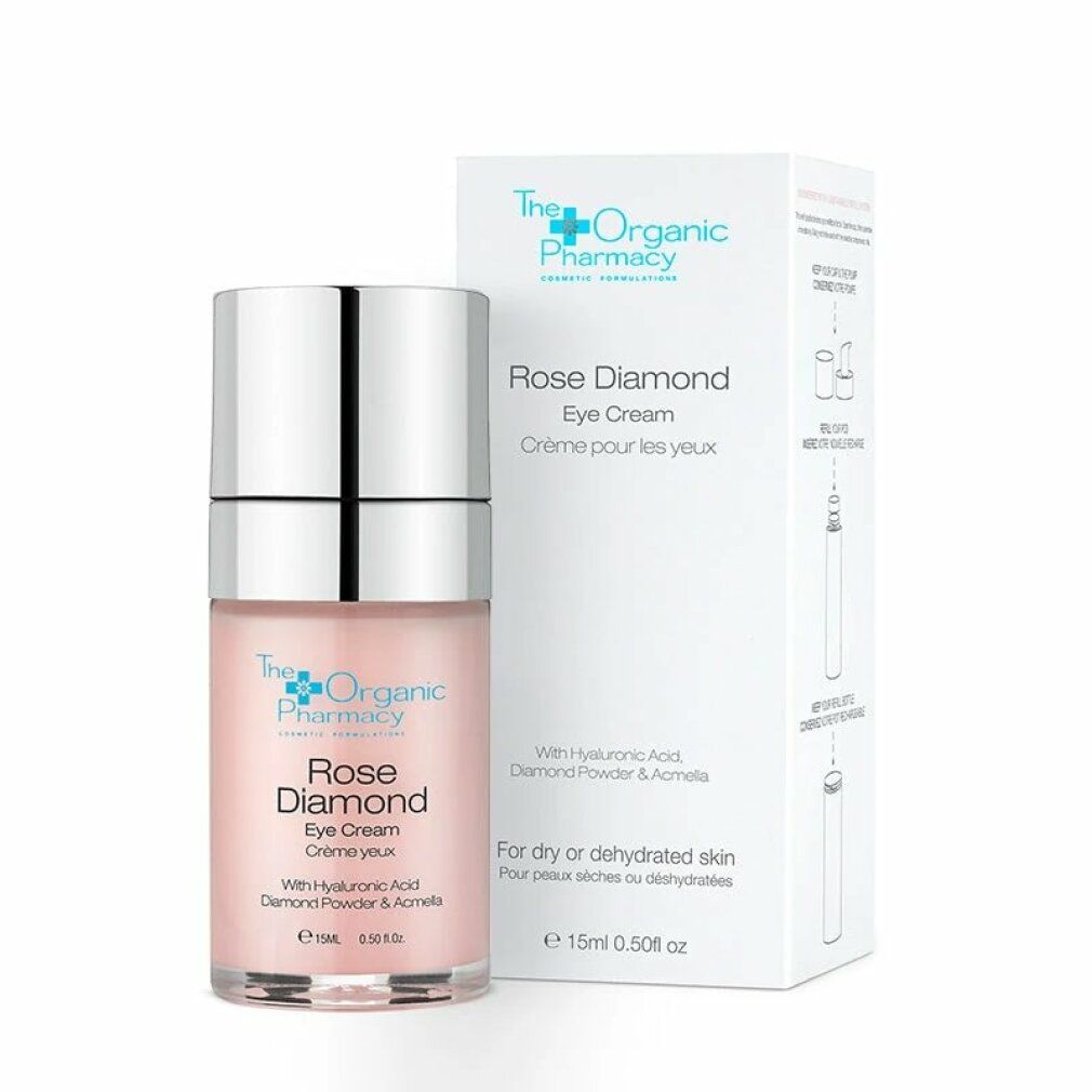 Flacone di crema occhi e scatola. Scritta: Rose Diamond Eye Cream. Marchio: The Organic Pharmacy. Confezione: bianca.