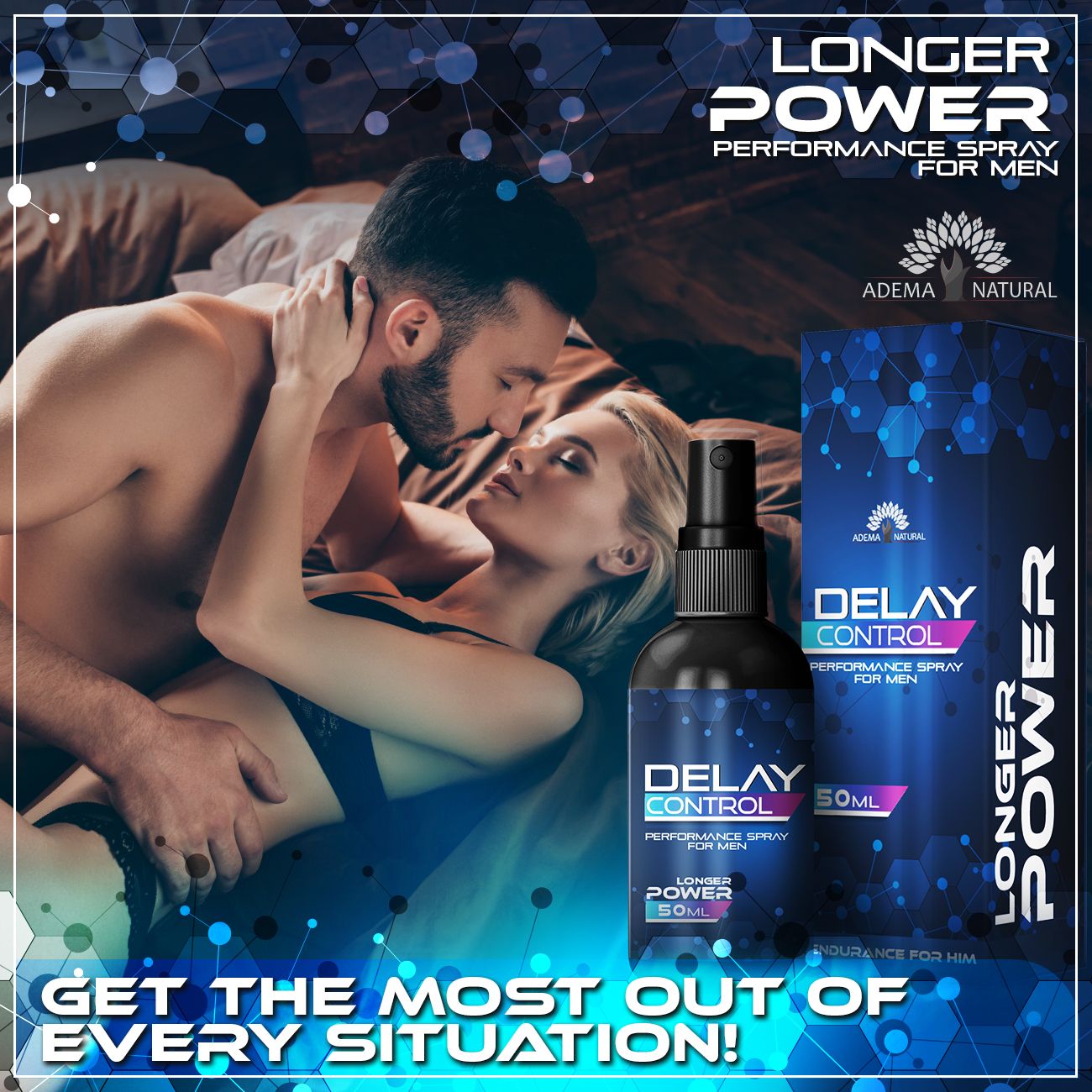 Coppia a letto. Flacone e confezione del prodotto. Testo: Longer Power, Performance Spray for Men. Logo Adema Natural.