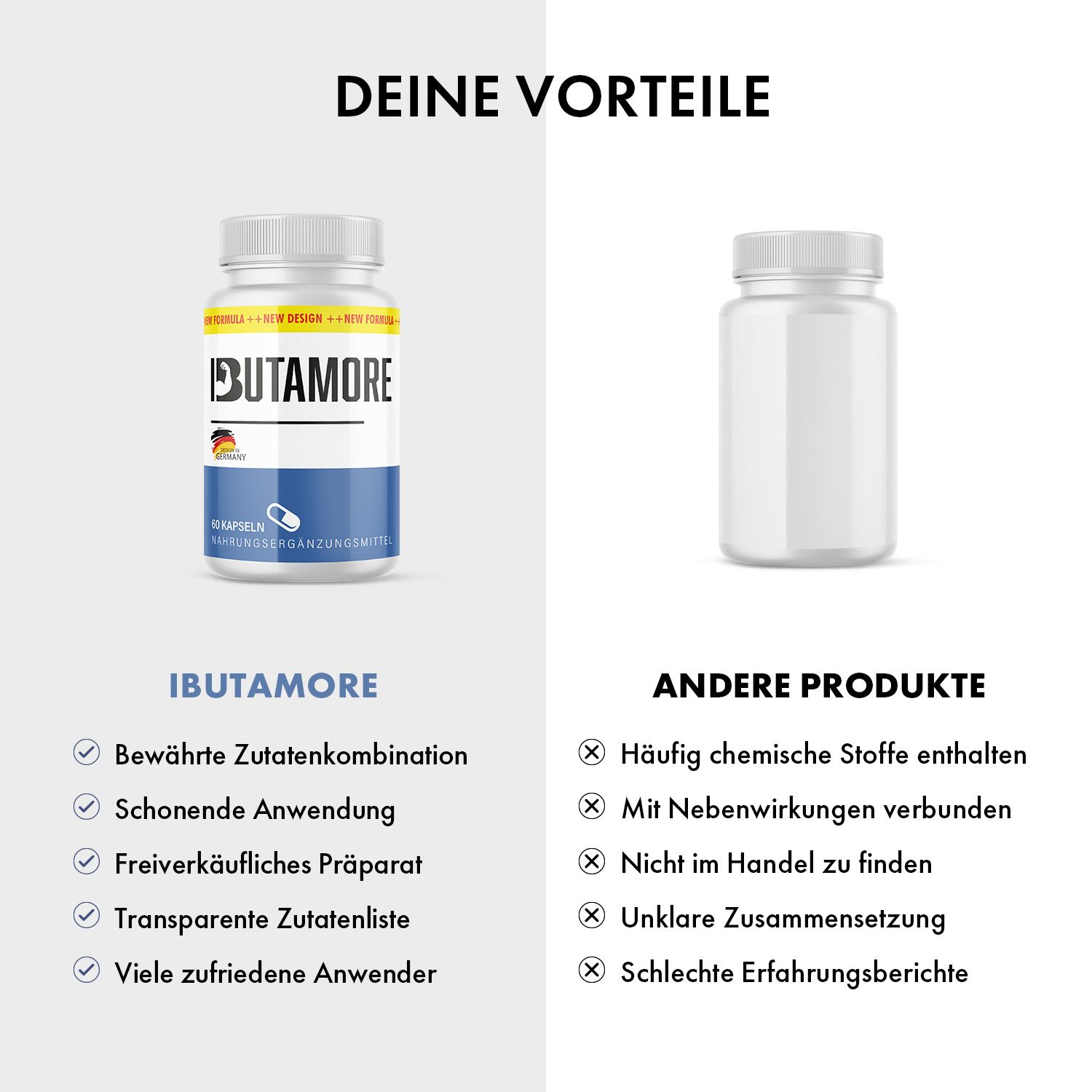 Confronto tra Ibutamore Kapseln e altro prodotto. Ibutamore: ingredienti comprovati, uso delicato, vendita libera. Altro prodotto: sostanze chimiche, effetti collaterali.