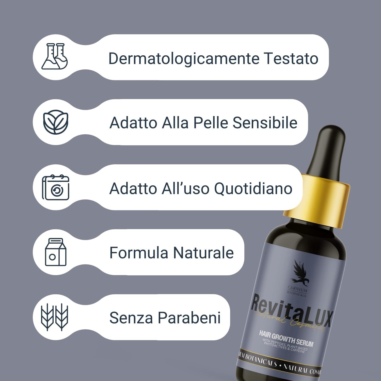 Flacone di vetro marrone con pipetta nera e tappo dorato. Nome del prodotto e logo sull'etichetta. Testo con i benefici del prodotto.