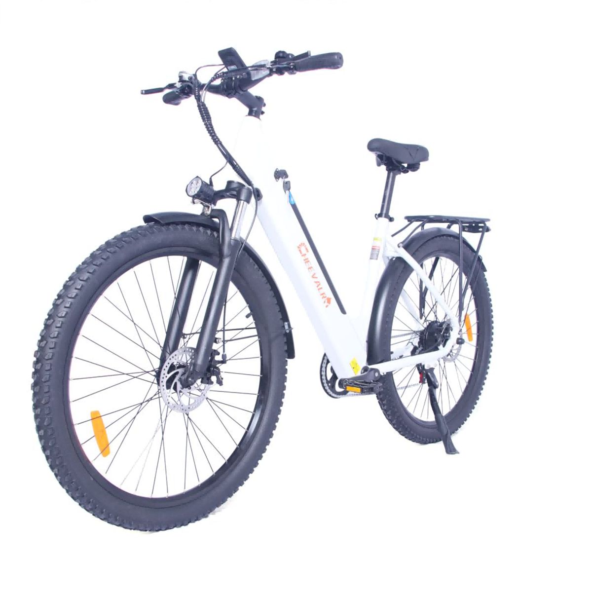 Bicicletta elettrica bianca con pneumatici neri, faro anteriore e logo Cheevalry sul telaio.