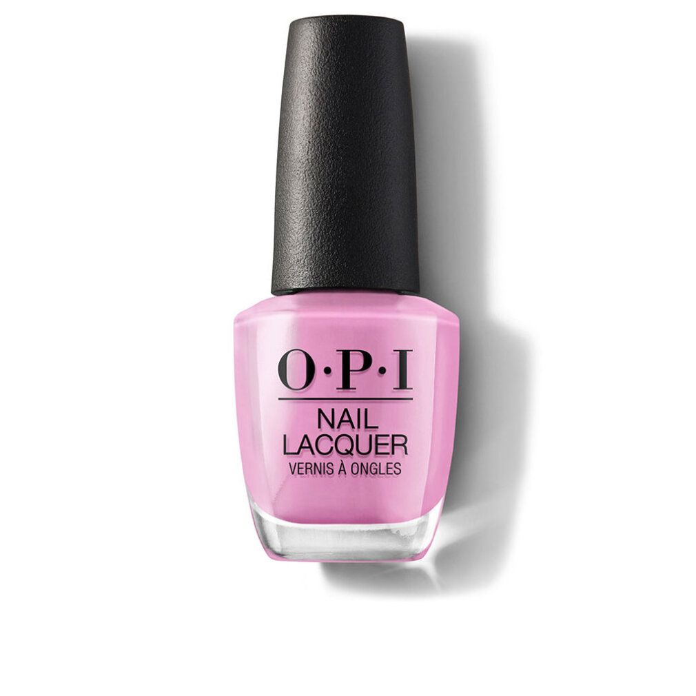 Flacone di smalto rosa, tappo nero. Logo OPI e scritta 'Nail Lacquer'.