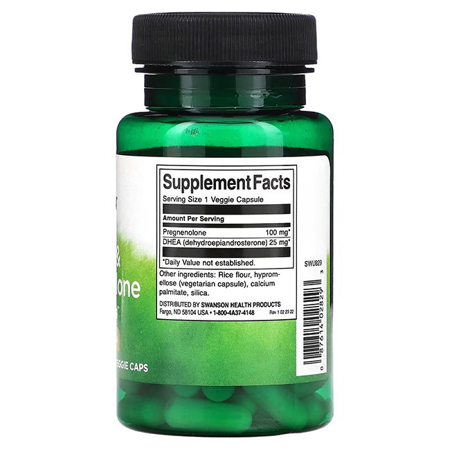 Retro di un flacone verde con tappo nero. Etichetta con informazioni nutrizionali e ingredienti. Contiene Pregnenolone e DHEA.