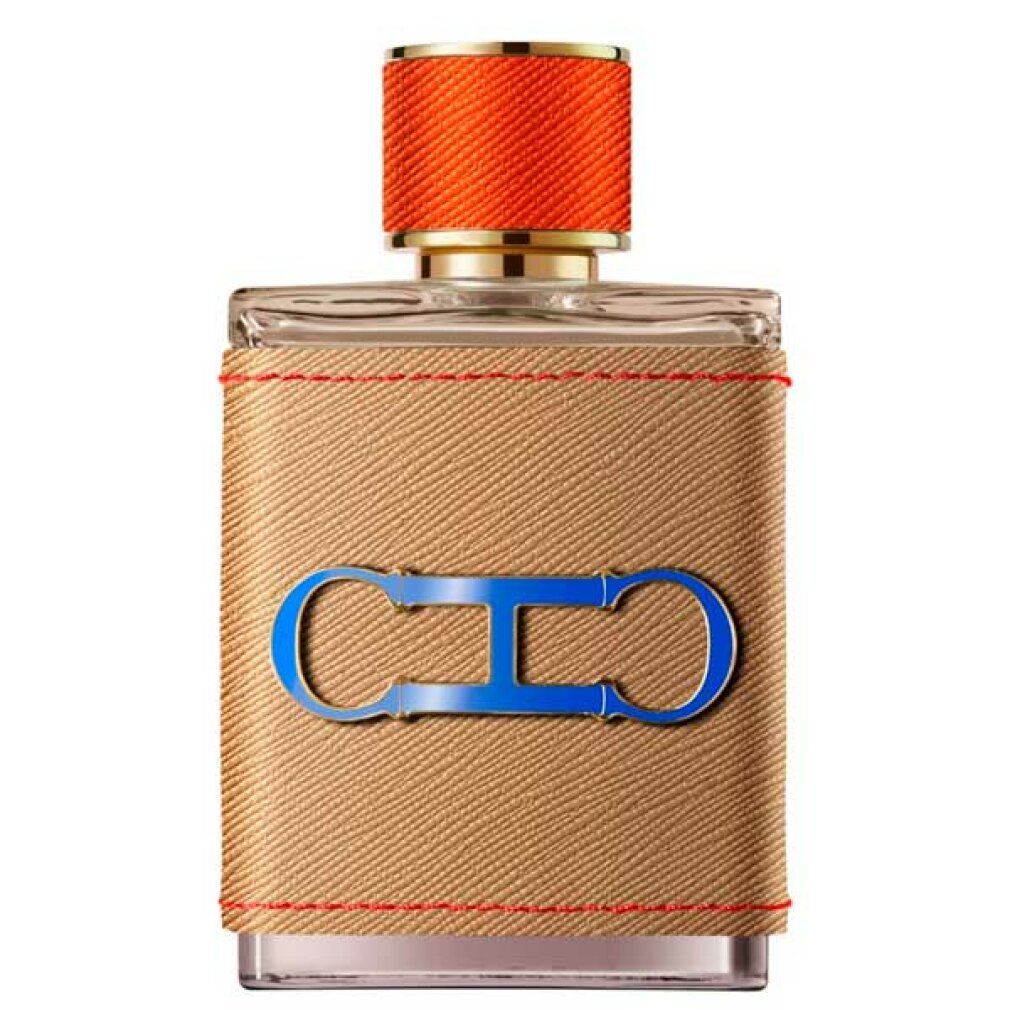 Flacone di profumo con similpelle marrone, cuciture rosse e logo blu-oro. Tappo arancione.