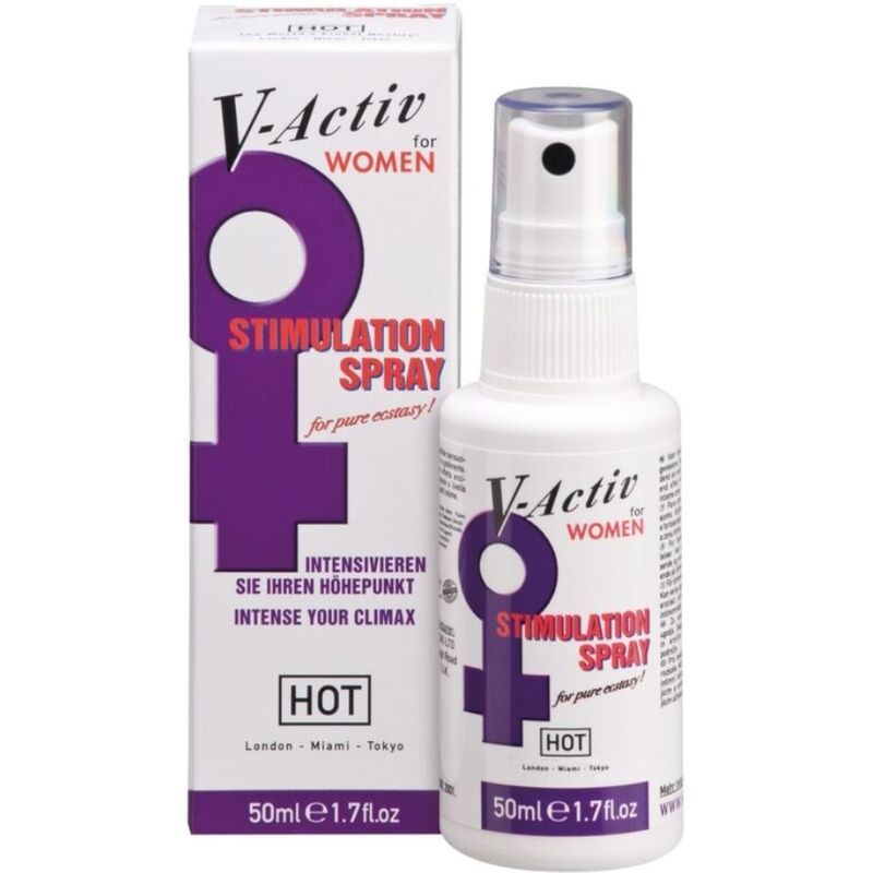 Flacone bianco con vaporizzatore e confezione. Scritta: V-Activ for WOMEN, STIMULATION SPRAY, HOT. 50ml.