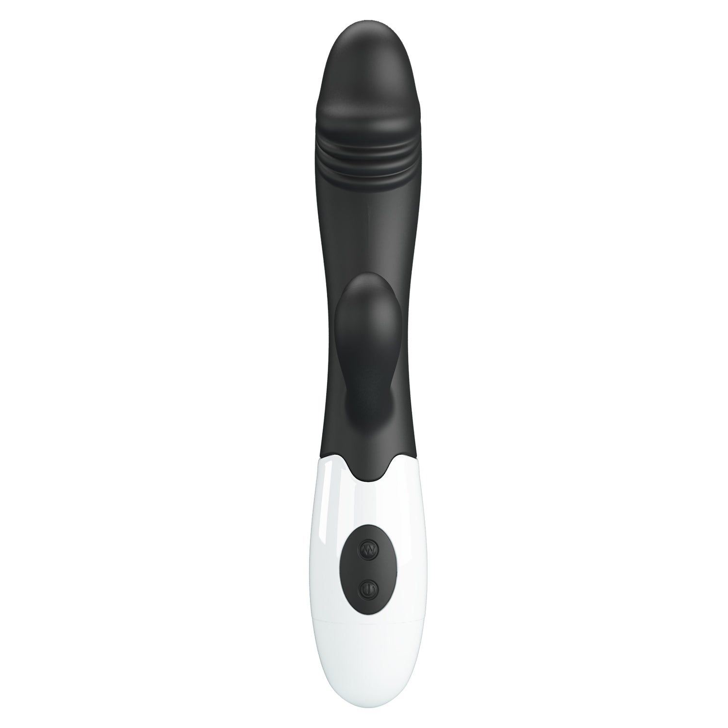 Vibratore nero e bianco dalla forma arrotondata. Ha un'asta curva e un braccio più piccolo e curvo.