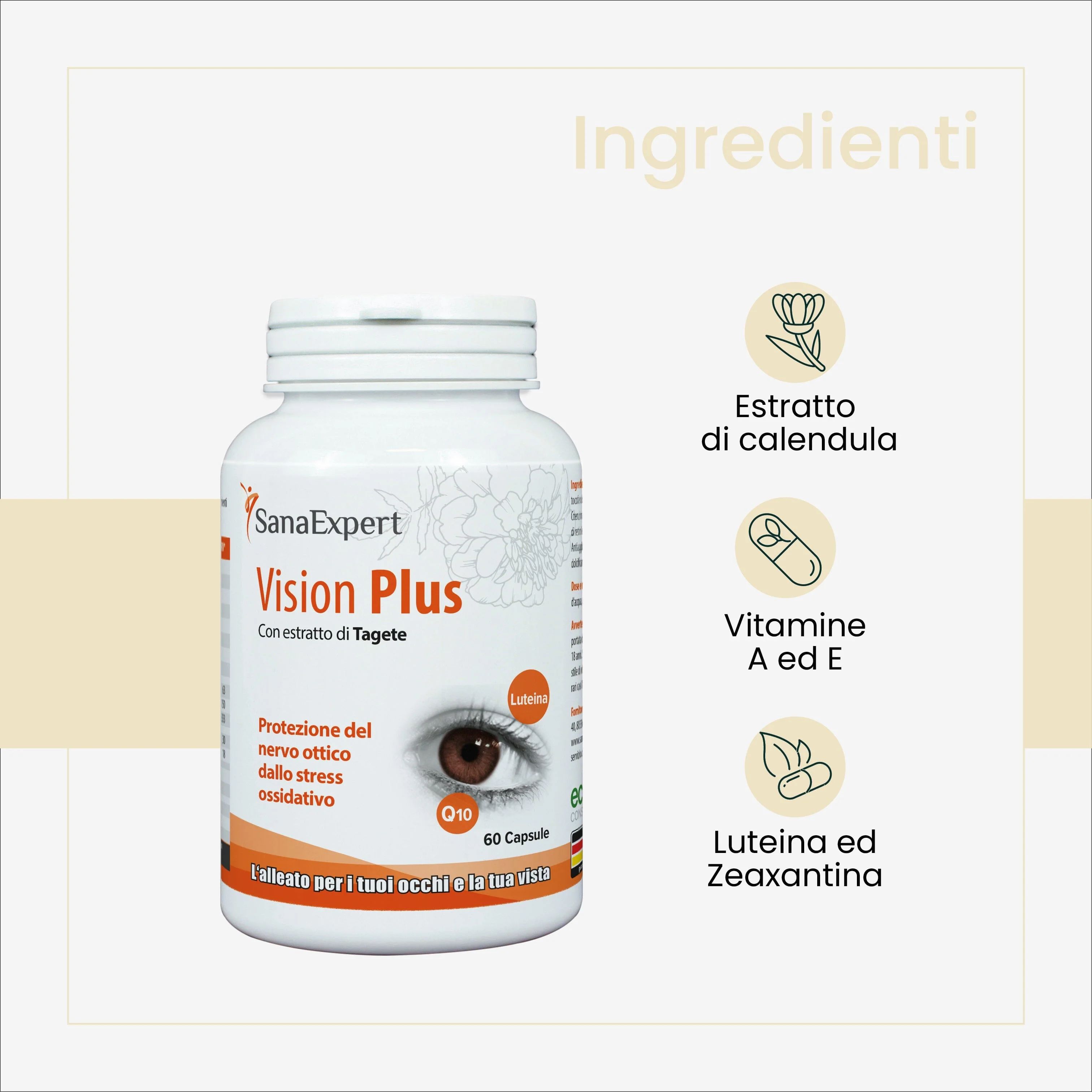Flacone bianco SanaExpert Vision Plus con capsule. Contiene estratti di calendula, vitamine A ed E, e luteina e zeaxantina.