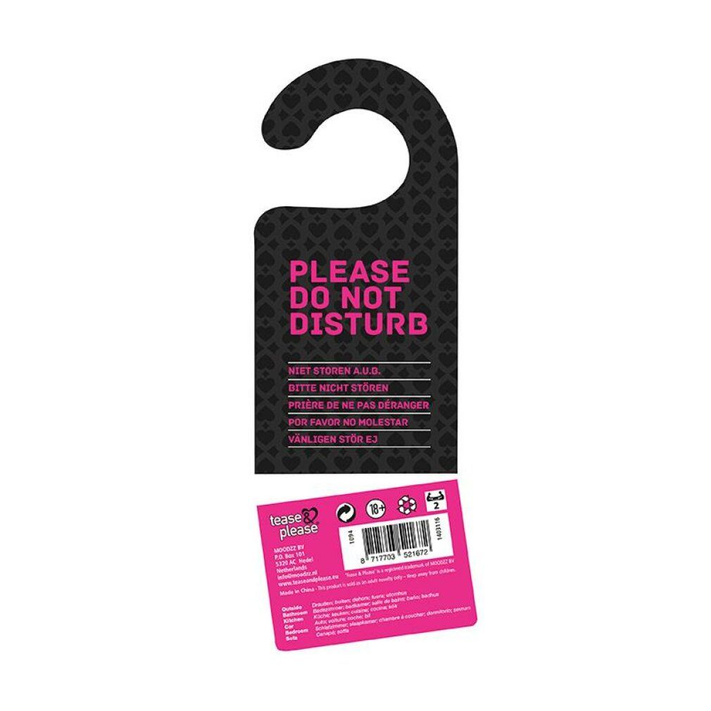 Appendiporta con scritta 'Please Do Not Disturb' in più lingue e informazioni sul prodotto.