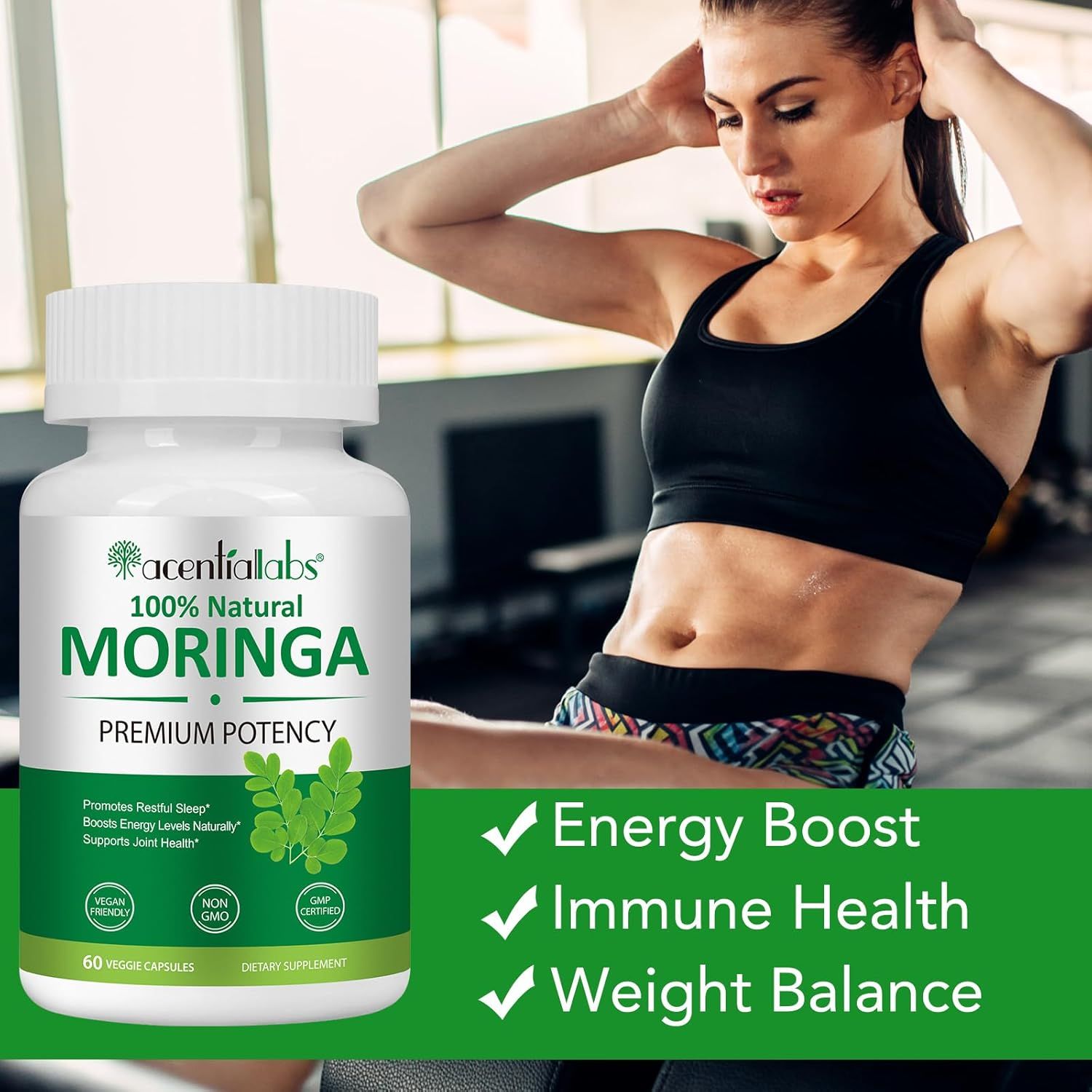 Capsule Zoxpm Moringa: Flacone davanti a una donna che si allena, con benefici come aumento di energia ed equilibrio del peso.