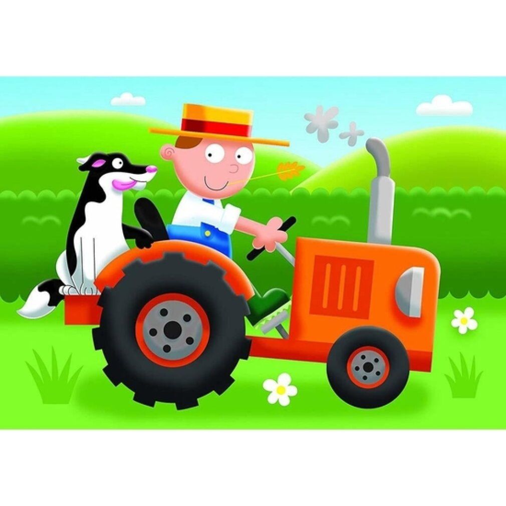 Trattore arancione con conducente e cane. Il trattore è in movimento. Sfondo: colline e fiori verdi.