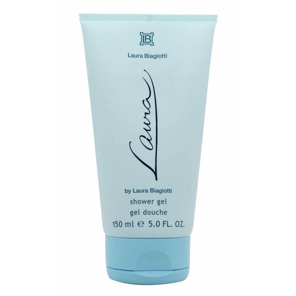 Tubo azzurro con scritta "Laura Biagiotti" e "Laura". "Shower Gel" e indicazione volume. Tappo a vite blu.
