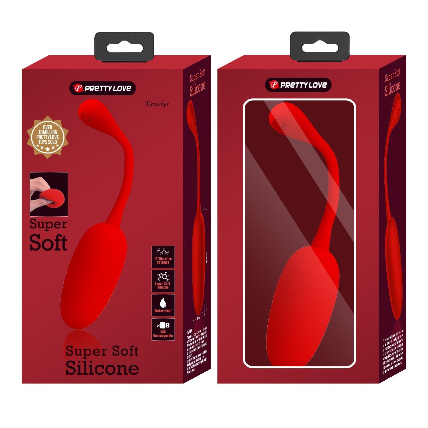 Due scatole di prodotto rosse. La scatola di sinistra riporta la scritta "Super Soft Silicone" e il logo "PRETTY LOVE".