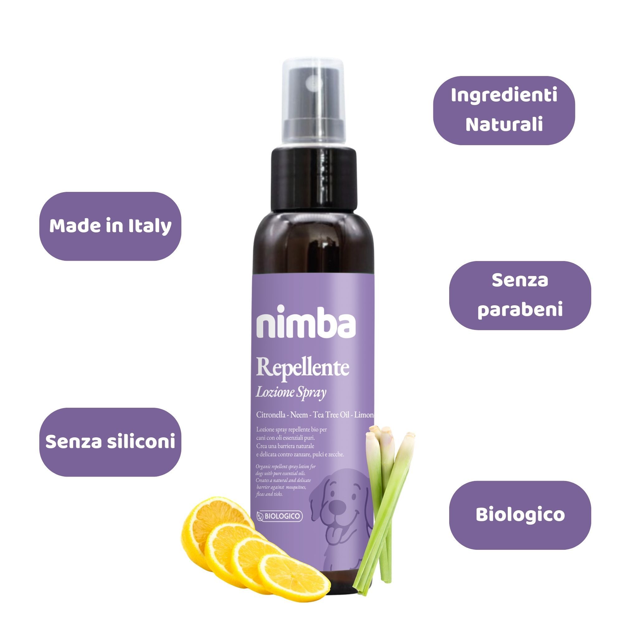 Flacone spray marrone con etichetta viola. Scritta: nimba Repellente Lozione Spray. Testi aggiuntivi: Made in Italy, Senza siliconi, Senza parabeni, Biologico.