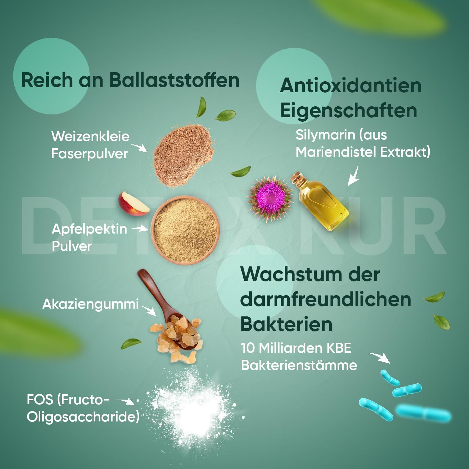 Grafica con ingredienti: crusca di grano, pectina di mela, gomma arabica, FOS. Testo: Ricco di fibre, antiossidanti, crescita dei batteri.