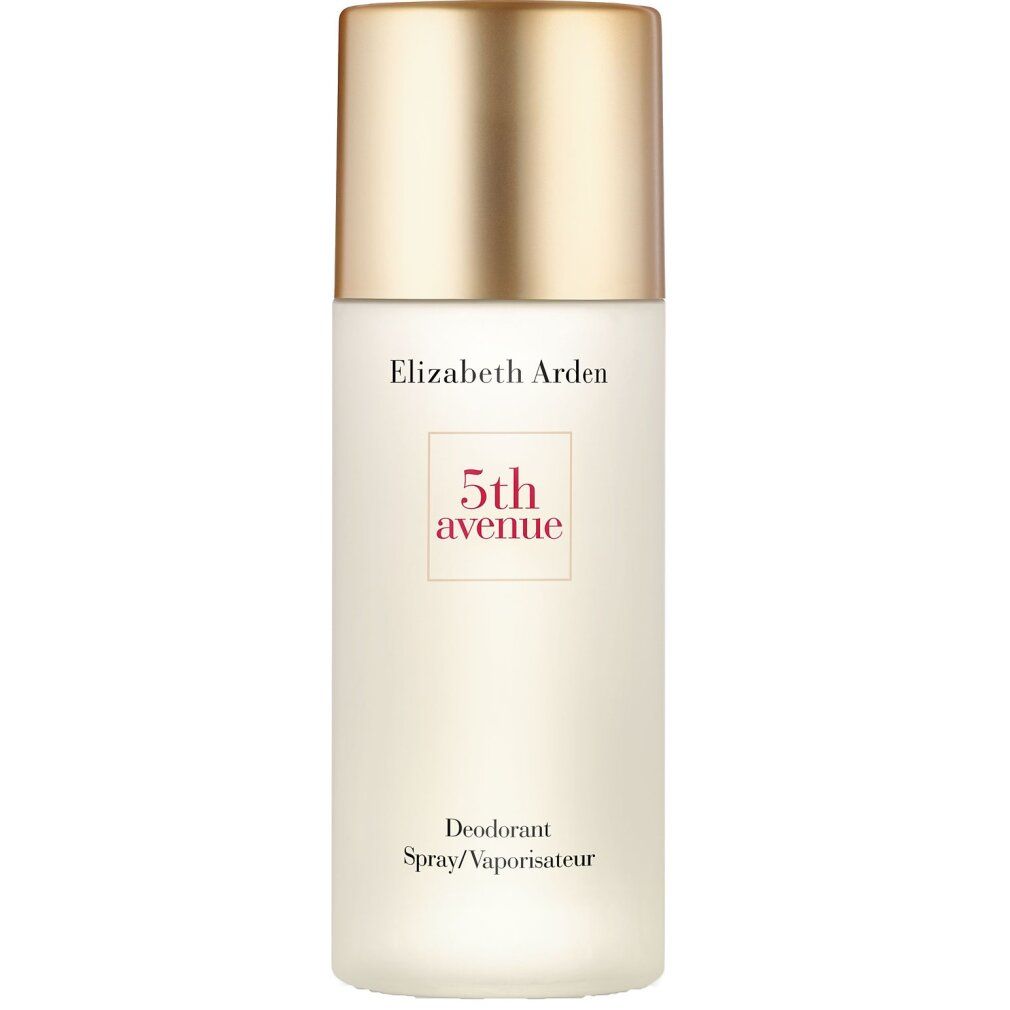Spray deodorante Elizabeth Arden. Flacone bianco, tappo dorato. Scritta: 5th avenue, Deodorant Spray/Vaporisateur.