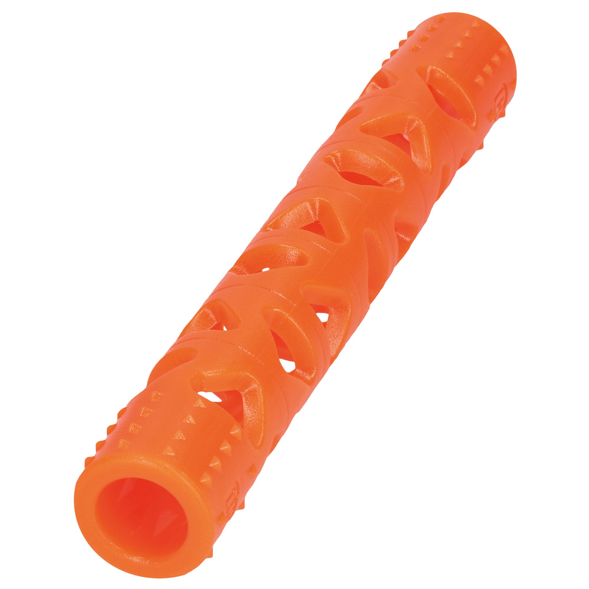 Bastoncino arancione per cani, cilindrico, con fori e borchie.