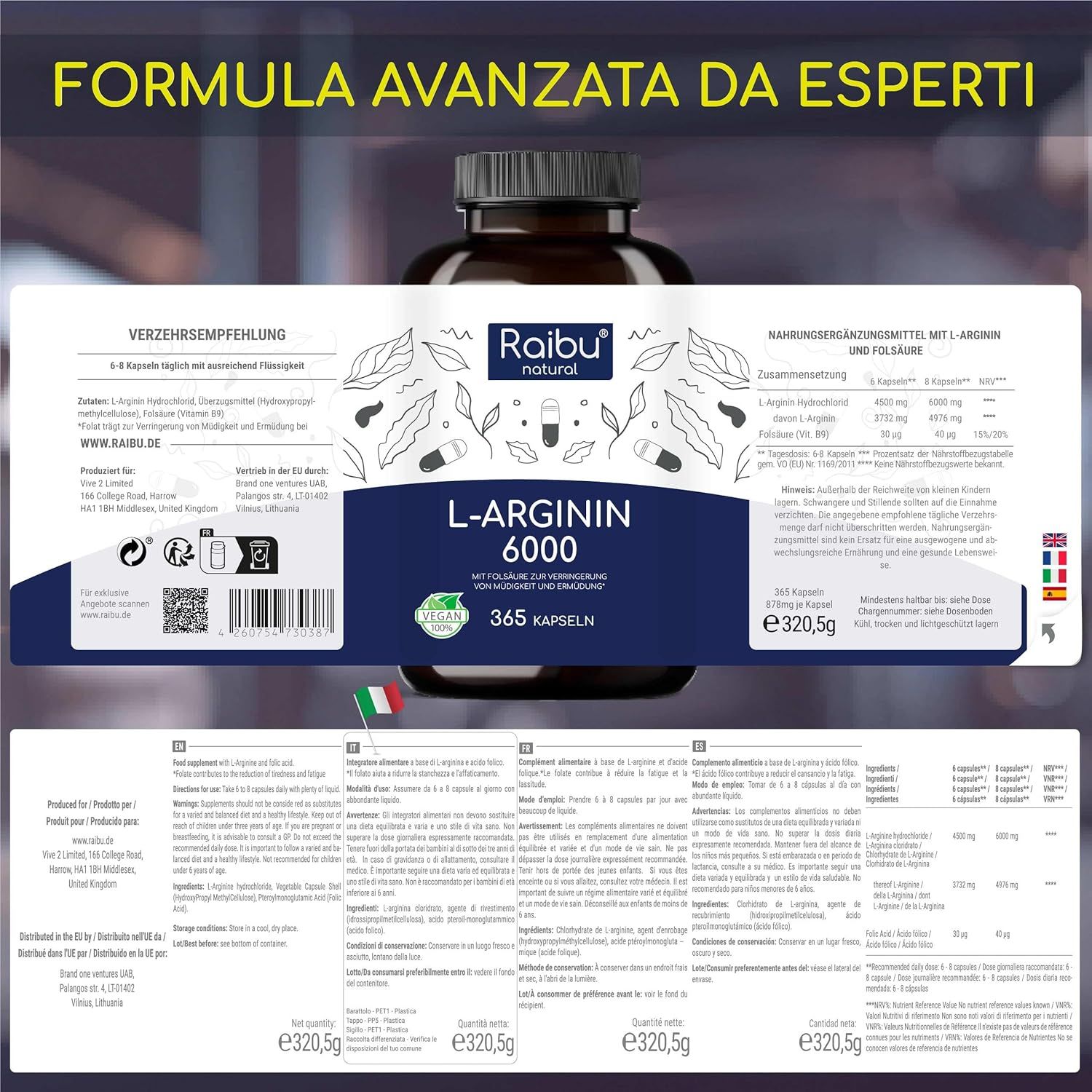 Etichetta del prodotto con informazioni. Scritta: Raibu natural, L-Arginina 6000, 365 capsule. Informazioni nutrizionali, raccomandazioni.