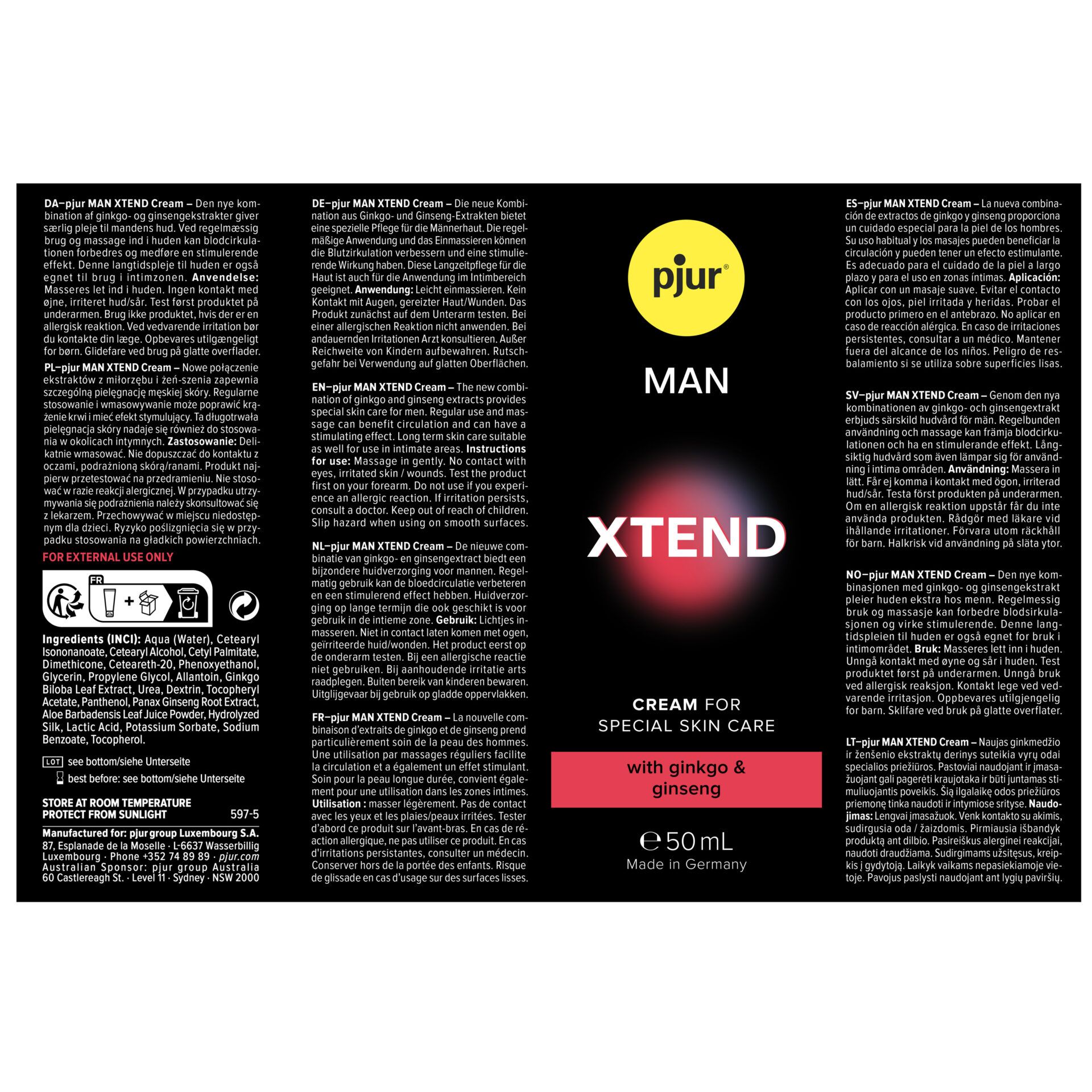 Retro della confezione pjur® MAN Xtend Cream con informazioni sul prodotto.