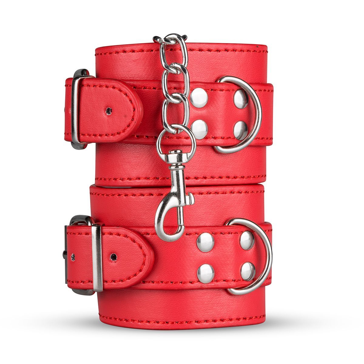 Manette rosse con anelli metallici e catena. Due paia, con fibbie. Catena metallica con moschettone.