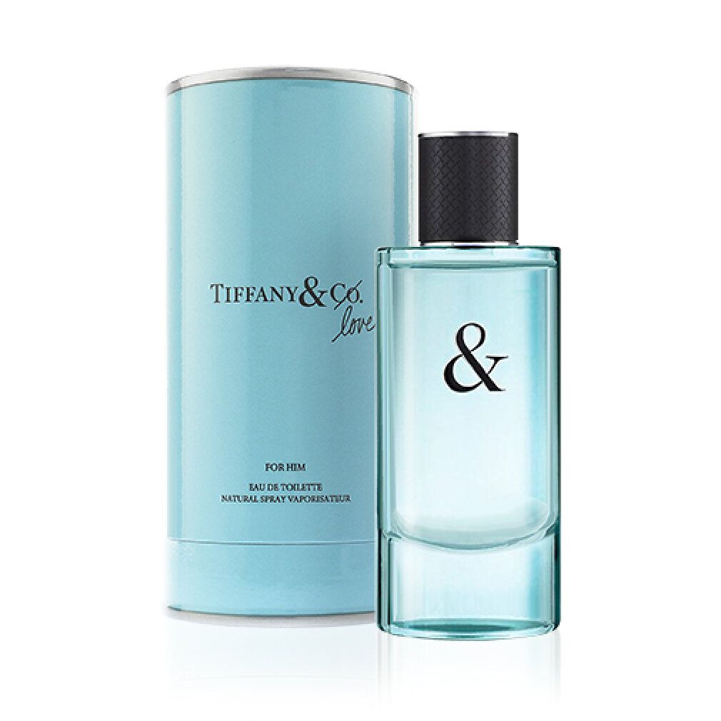 Flacone rettangolare e confezione cilindrica turchese. Scritta: Tiffany & Co. Love, For Him, Eau de Toilette, 3 FL OZ e 90 ml.