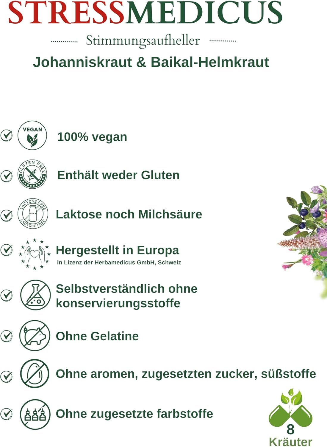 Testo con informazioni sul prodotto. Scritta: Stress Medicus, Stimmungaufheller. 100% vegano. Senza glutine, lattosio, latte, conservanti, aromi, zuccheri, coloranti.