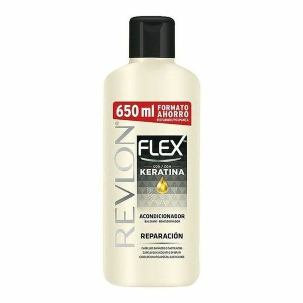 Flacone Revlon Flex Conditioner. Tappo nero, flacone crema. Scritte: Flex, Cheratina, 650 ml.
