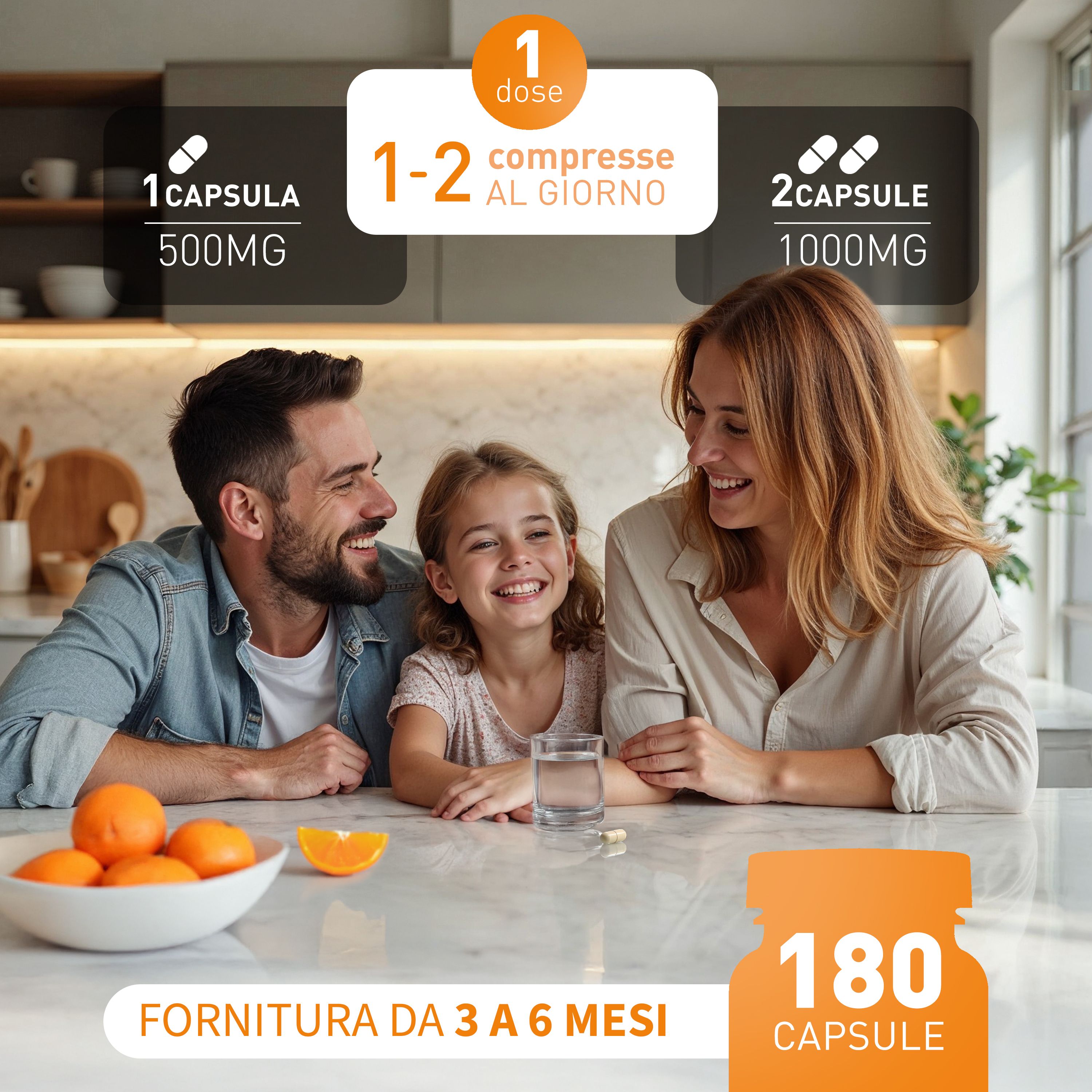 Famiglia a tavola. Confezione del prodotto con 180 capsule. Dosaggio: 1-2 capsule al giorno. Arance e bicchiere d'acqua.