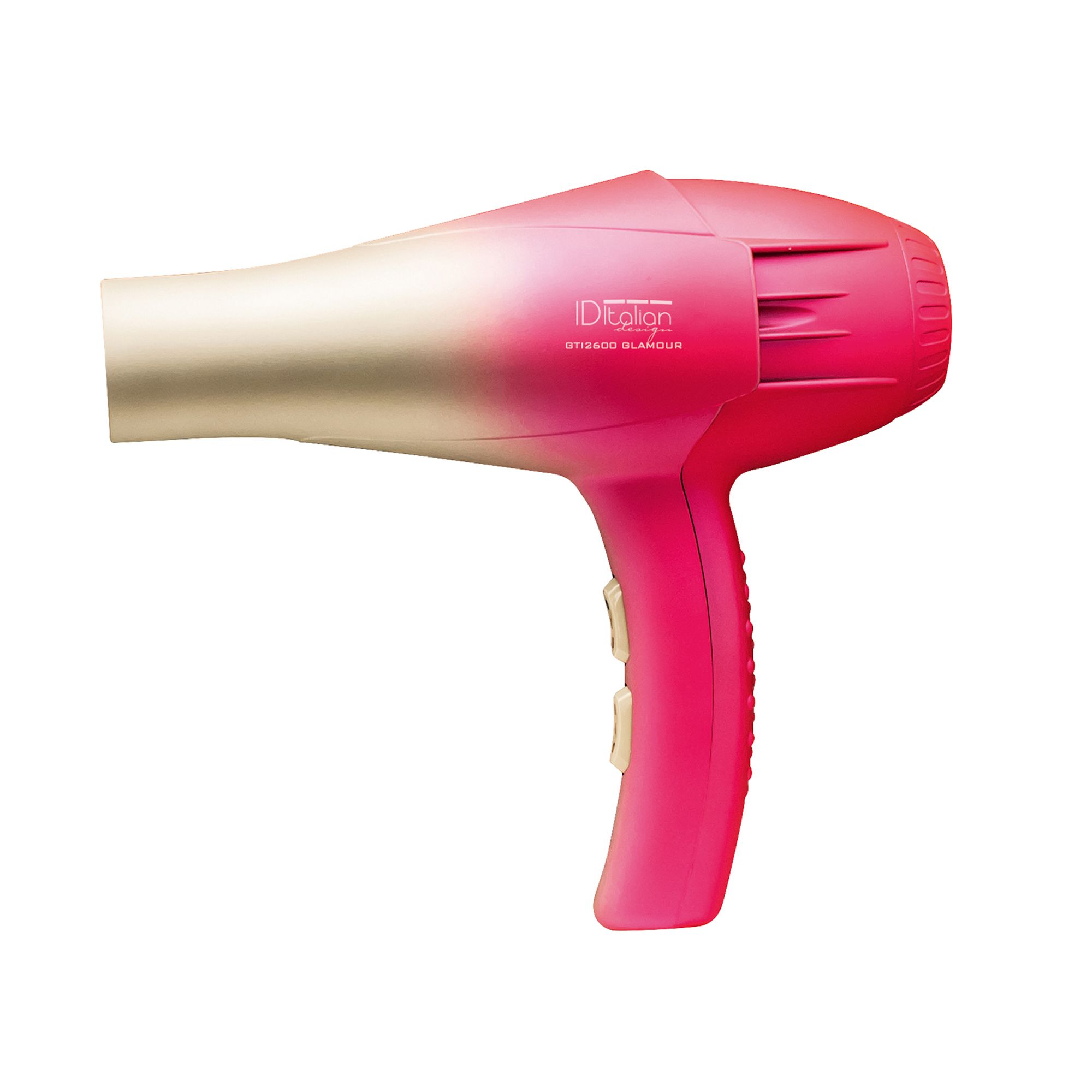 Asciugacapelli rosa e color crema con accento argentato e controlli.