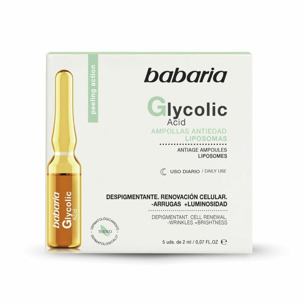 Confezione di fiale Babaria Glycolic Acid. Contiene una fiala e informazioni sul prodotto. Dermatologicamente testato.