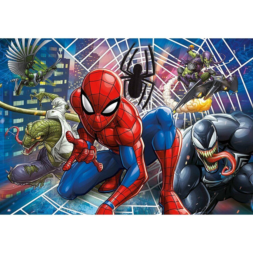 Puzzle Marvel Spiderman, 30 pezzi. Spiderman e cattivi su sfondo urbano. Marchio Clementoni.
