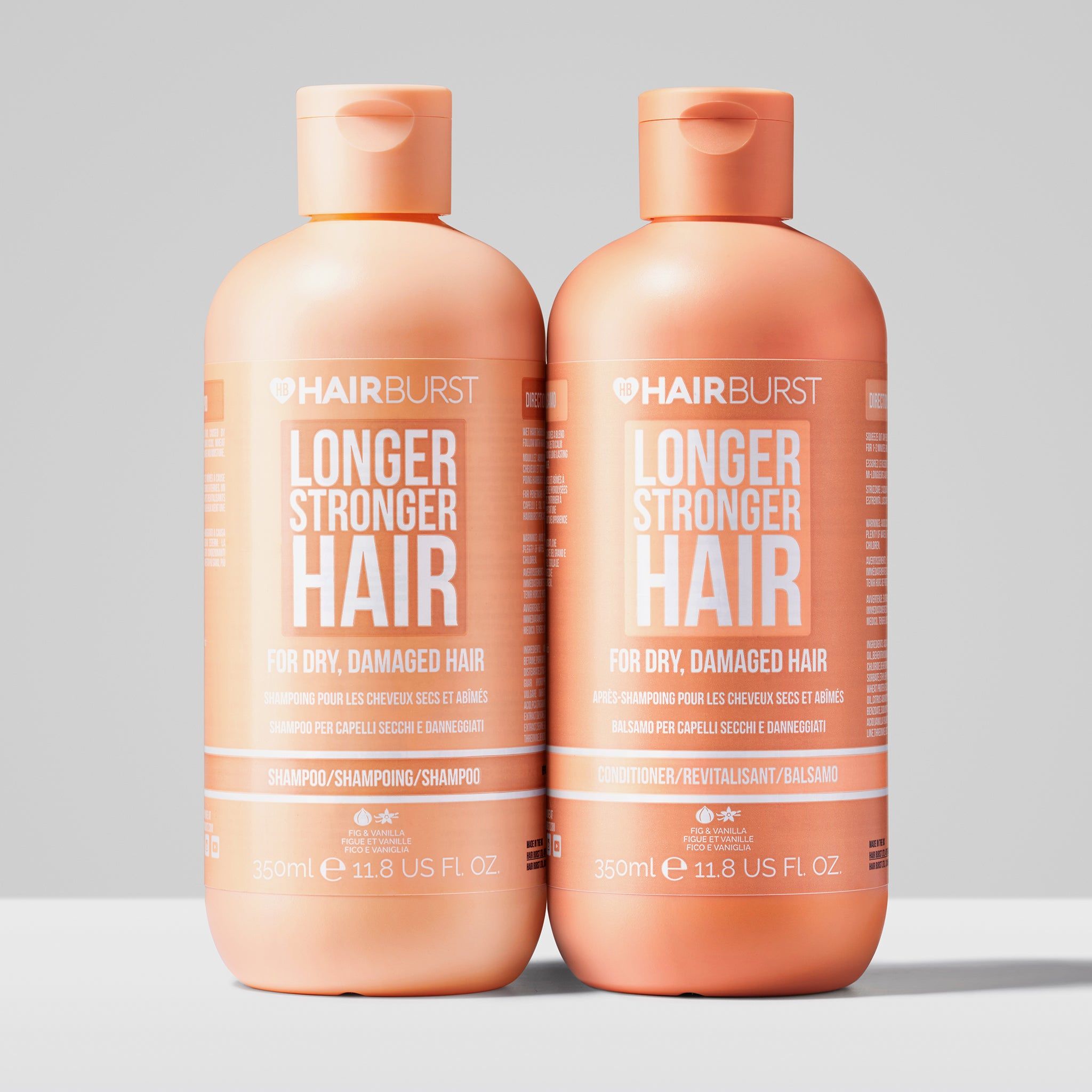 Due flaconi Hairburst Shampoo & Conditioner. Testo: For Longer Stronger Hair. Per capelli secchi e danneggiati. 250ml.