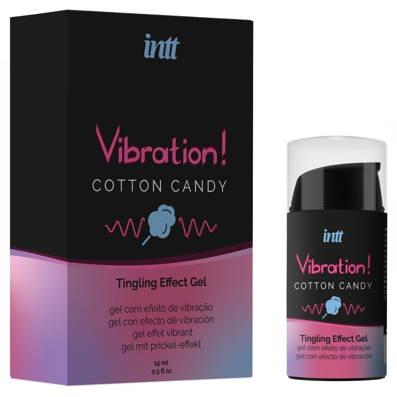 Flacone e confezione INTT Vibration! Cotton Candy Tingling Effect Gel, 35 ml.