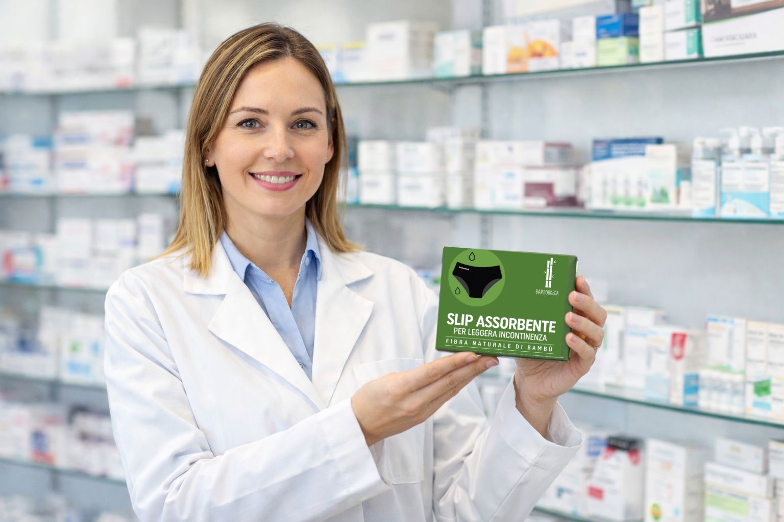 Una farmacista tiene in mano una confezione verde con il nome del prodotto "SLIP ASSORBENTE" e il logo. Scaffali di farmaci sullo sfondo.