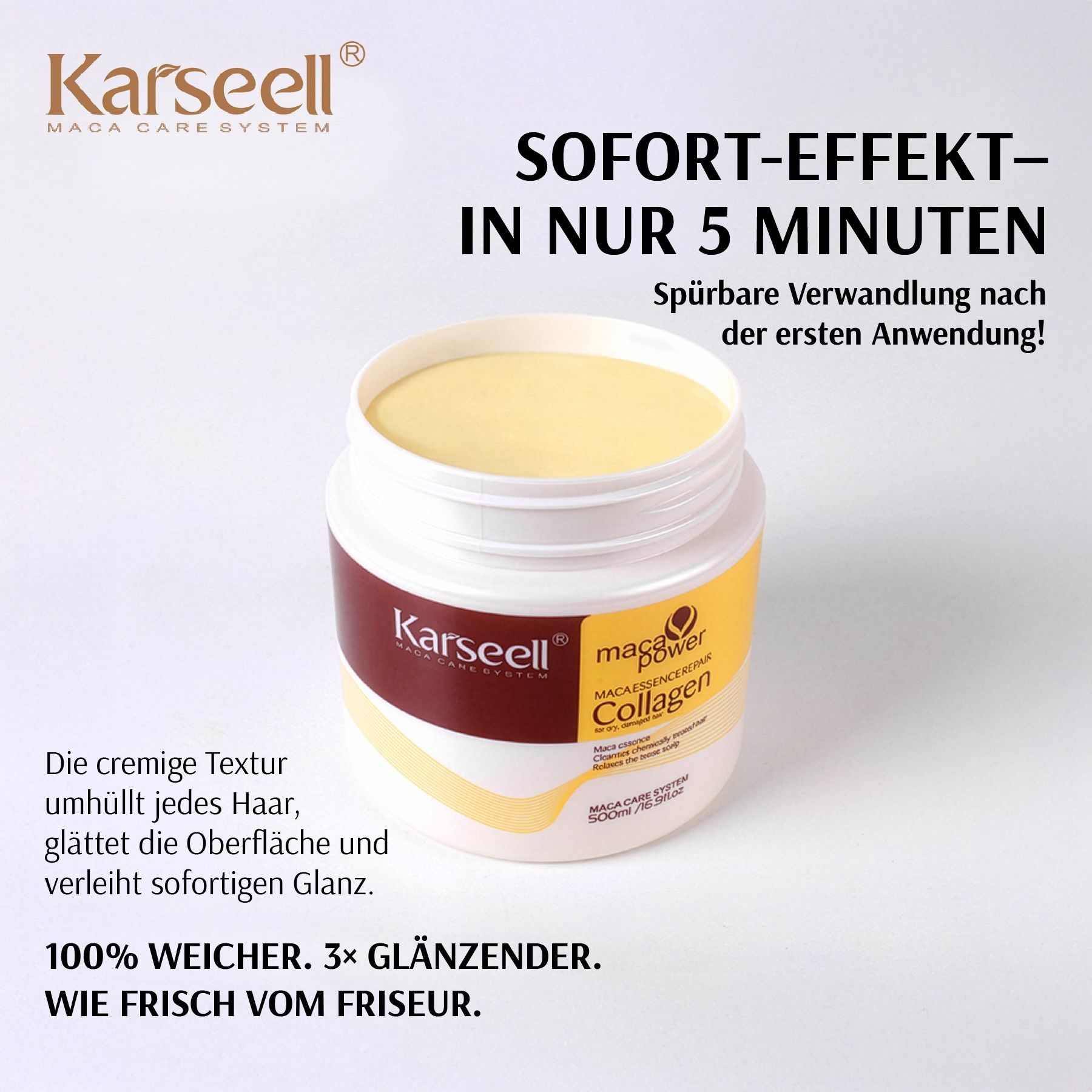 Vasetto bianco con contenuto giallo. Scritta: Karseell, Maca Power Collagen. Effetto immediato in 5 minuti.