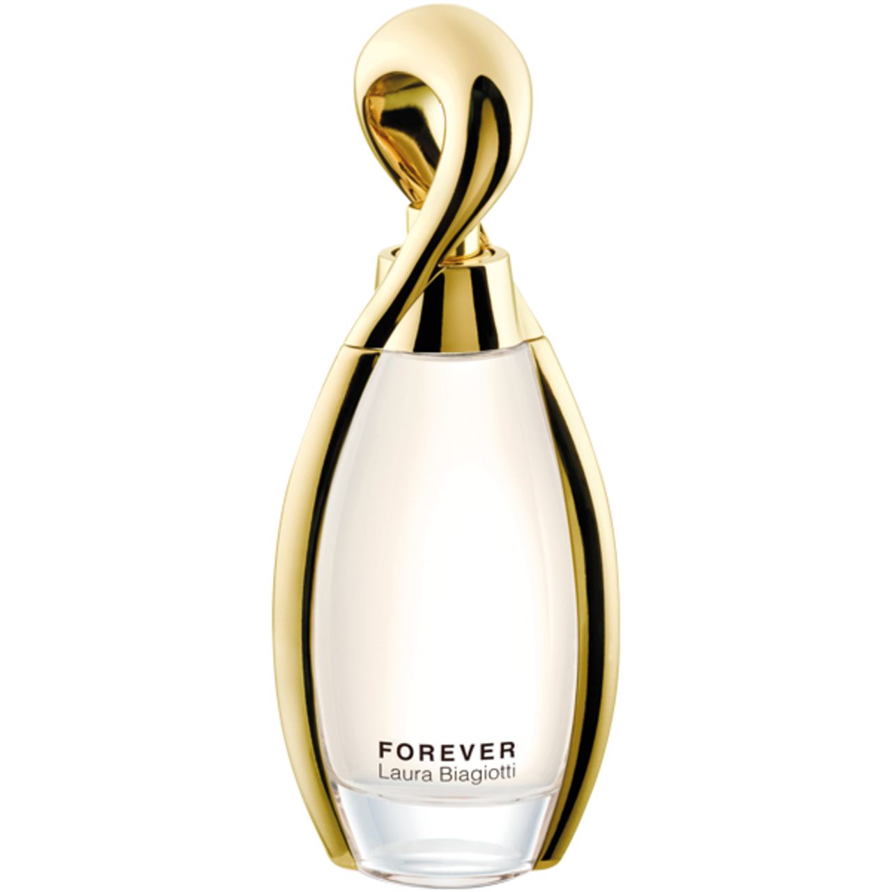 Flacone di profumo con tappo e dettagli dorati. Scritta: Forever. Contorno dorato.