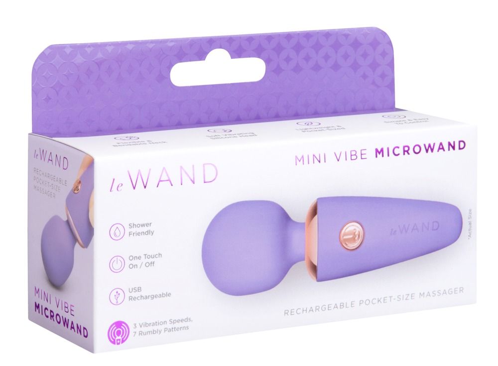 Mini Vibe Microwand viola nella sua confezione, con caratteristiche del prodotto: ricarica USB, 7 modalità di vibrazione.