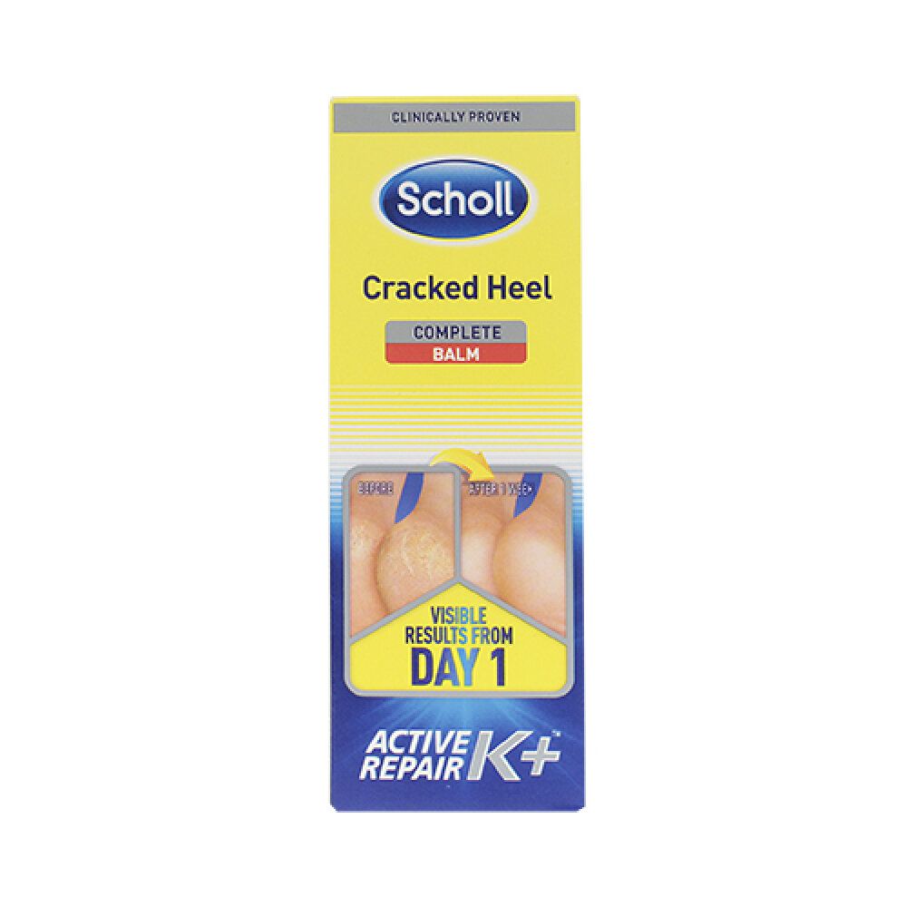 Scholl Cracked Heel Complete Balm. Confezione con immagine del prodotto. Scritta: Visible Results From Day 1. Active Repair K+.