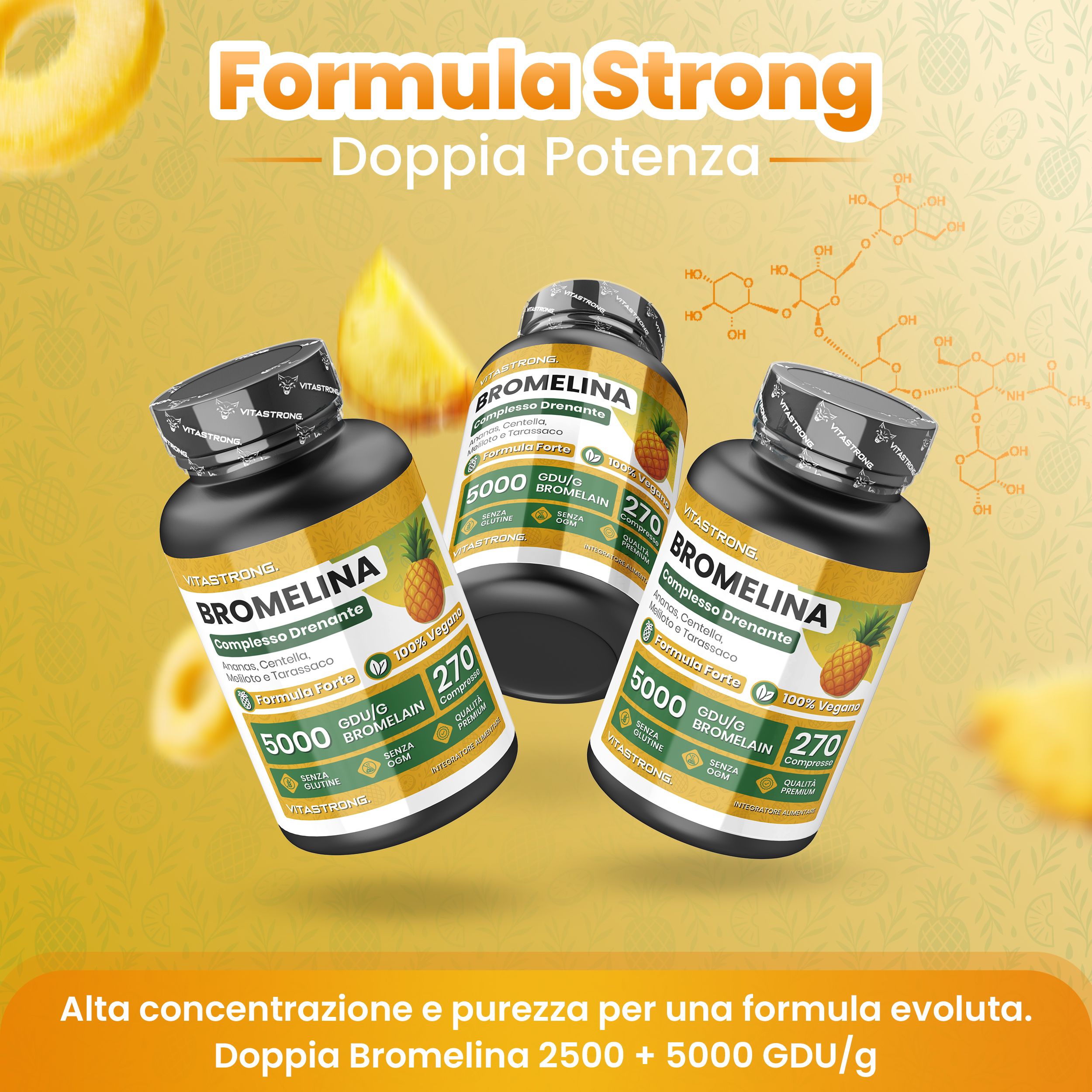 Tre flaconi di compresse Bromelain. Fette di ananas sullo sfondo. Testo: Doppia potenza, 2500 + 5000 GDU/g.