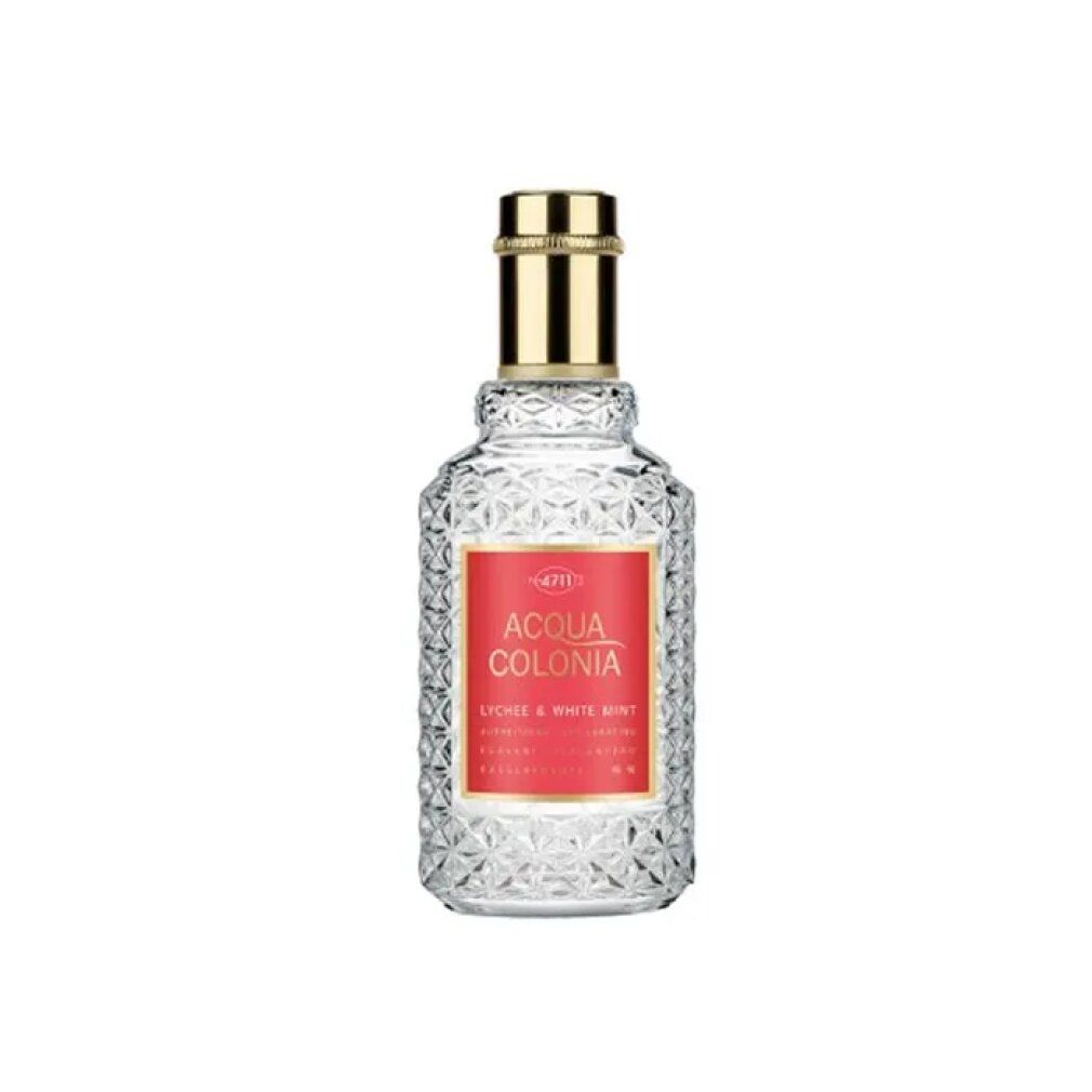 Flacone trasparente con tappo dorato. Etichetta rossa con scritta 'Acqua Colonia Lychee & White Mint'.