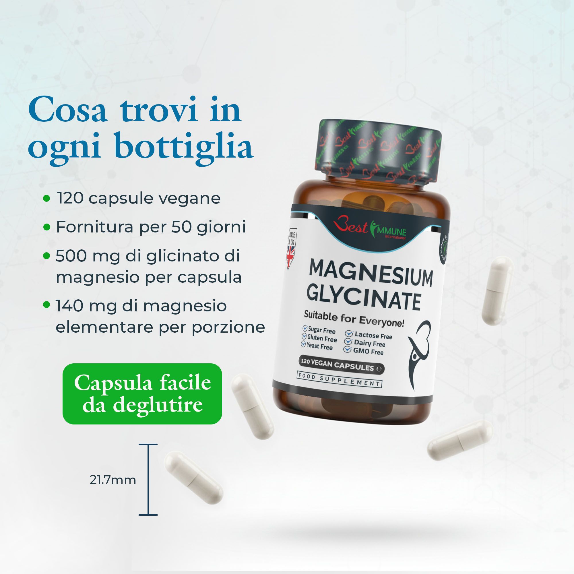 Flacone di magnesio glicinato: 120 capsule, 500 mg di glicinato, 140 mg di magnesio. Capsula facile da deglutire.