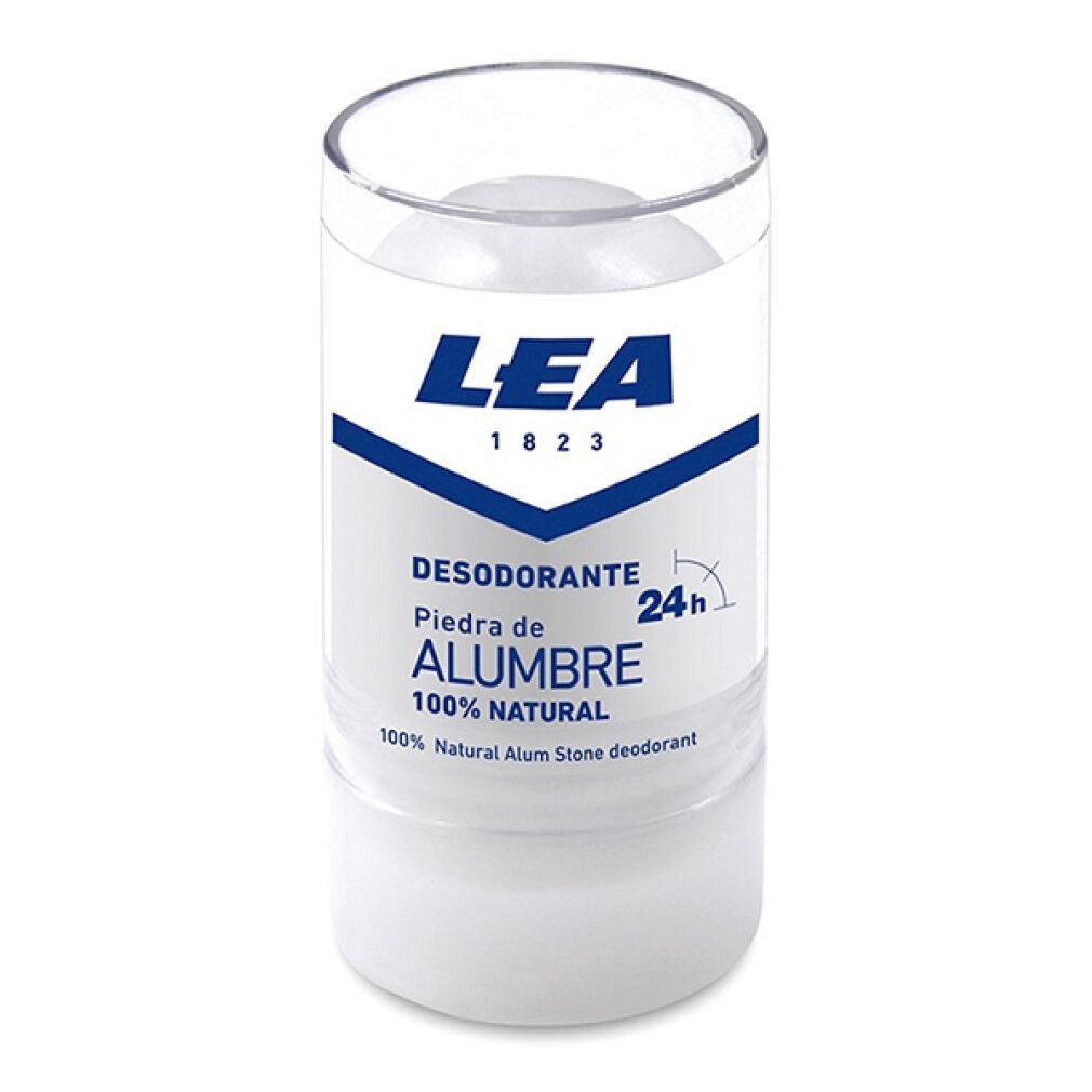 Stick deodorante Lea Alum Stone. Stick bianco in custodia trasparente. Scritta: DESODORANTE PIEDRA DE ALUMBRE 100% NATURAL.