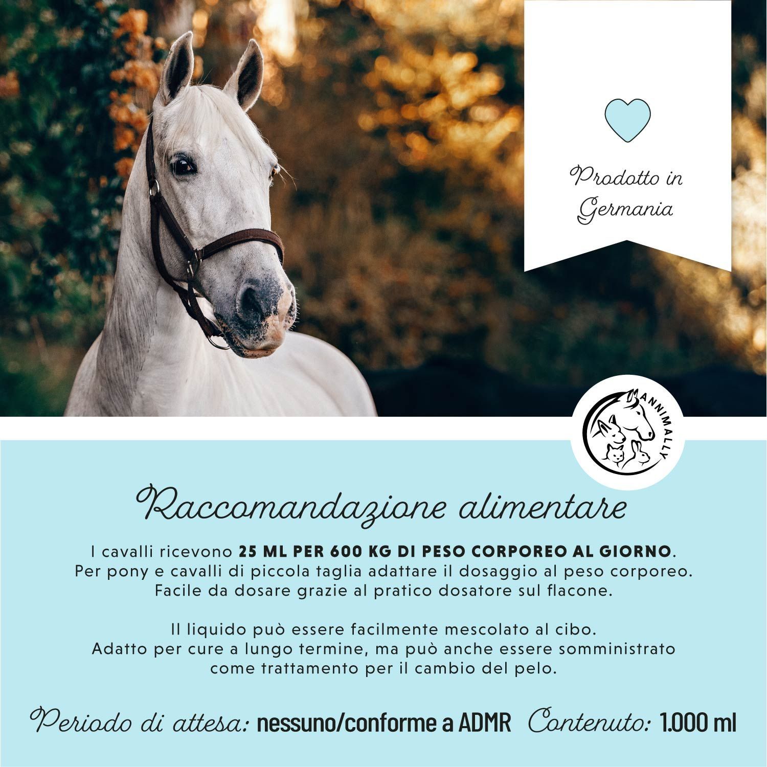 Testo sulle raccomandazioni alimentari. Logo. Prodotto in bottiglia. Testo sul dosaggio e l'uso. Prodotto in Germania. 1.000 ml.